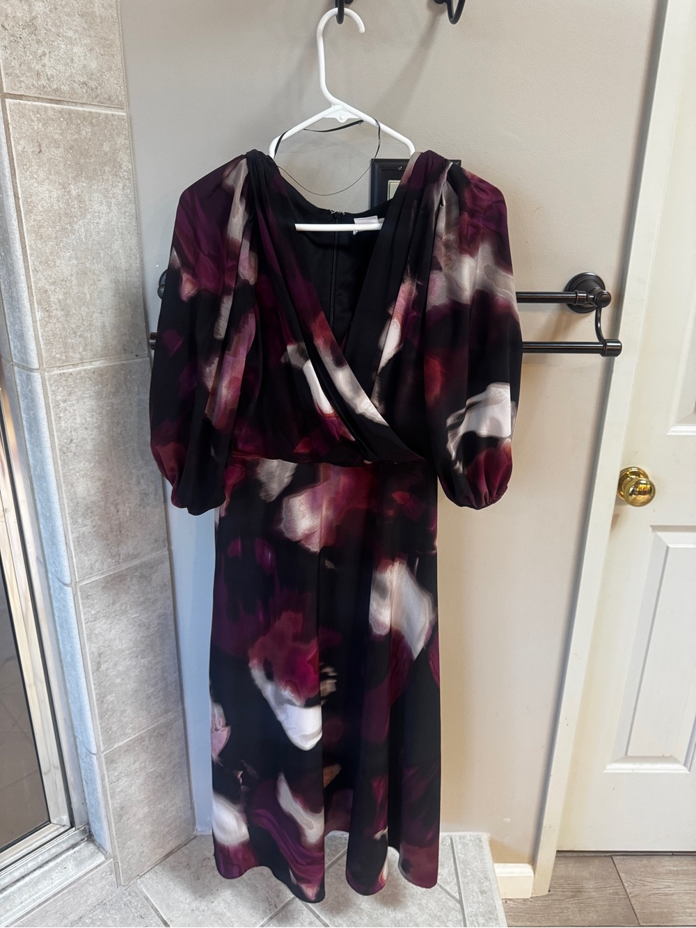 DKNY Black Floral-Print Midi Dress with Burgundy & Ivory Accents
